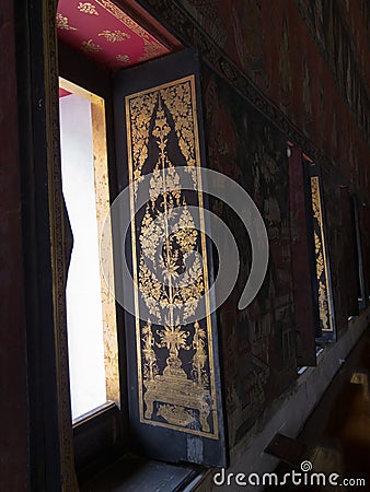 National Museum BANGKOK,THAILAND-10 AUGUST 2018: Phuttisawat Throne Hall Wooden Door, painted with gold pattern, 10 AUGUST 2018, Editorial Stock Photo