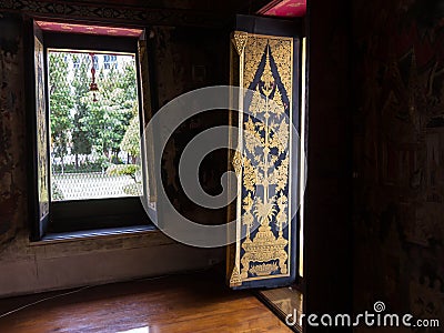National Museum BANGKOK,THAILAND-10 AUGUST 2018: Phuttisawat Throne Hall Wooden Door, painted with gold pattern, 10 AUGUST 2018, Editorial Stock Photo