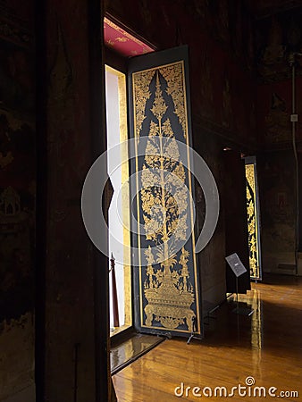 National Museum BANGKOK,THAILAND-10 AUGUST 2018: Phuttisawat Throne Hall Wooden Door, painted with gold pattern, 10 AUGUST 2018, Editorial Stock Photo