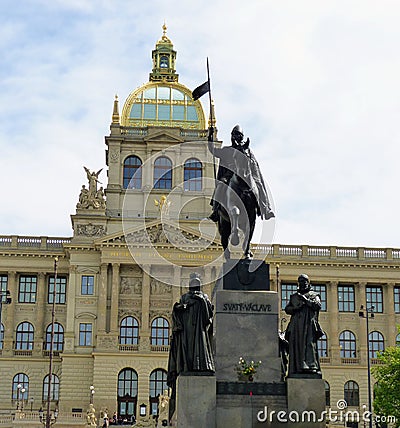 National museum with in front of the statue of Saint Venceslao to Prague in Czech Republic. Editorial Stock Photo