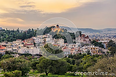 The National Observatory of Athens city at the top of the Nymphs Hill in Thissio, Greece. Sunset Stock Photo