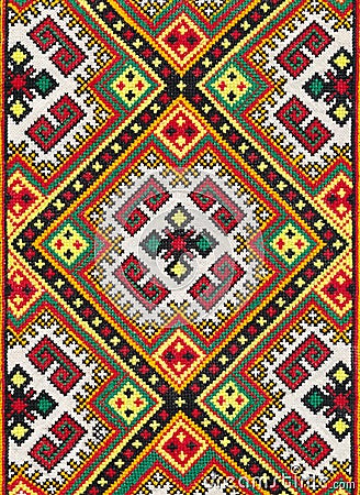 National ornament on textile, photo of ethnic decoration, handmade needlework Stock Photo