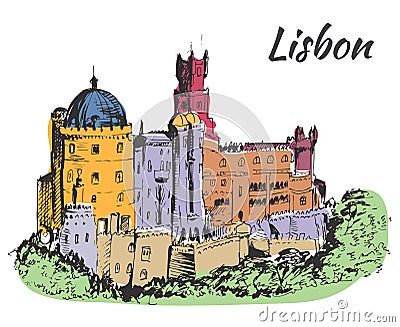 The National Palace of Pena - Portugal. on white backgr Vector Illustration