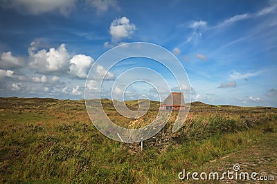 National park `De Muy` with sheep shelter bungalow building on island Texel in Netherlands Stock Photo