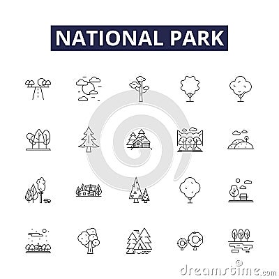 National park line vector icons and signs. National, Nature, Wildlife, Preserve, Reserve, Monument, Recreation, Camping Vector Illustration