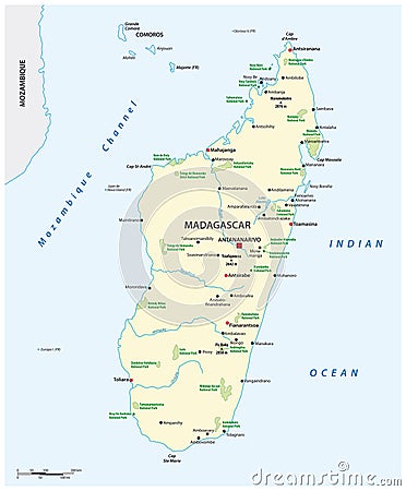 National park map of the African island nation of Madagascar Vector Illustration