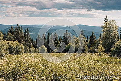 National Park in the middle of Russia, in the Urals. View of endless deciduous and coniferous forests. Tourism and Stock Photo