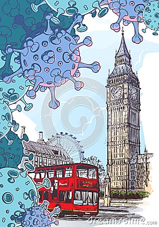 National quarantine background. London Iconic view with Big Ben and doubledecker bus with coronavirus particles. Vector Illustration
