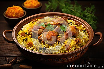 The national Saudi Arabian dish chicken kabsa with rice mandi on wooden table Stock Photo