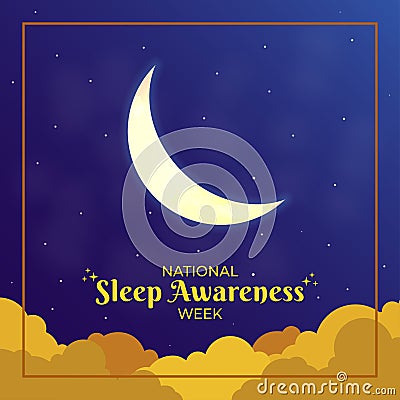 National Sleep Awareness Week Square Card Poster Vector Illustration. March Month Celebration. Realistic cloudy sky and moon Vector Illustration