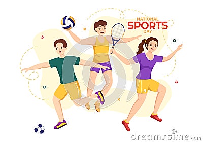 National Sports Day Vector Illustration with Sportsperson from Different Sport in Flat Cartoon Hand Drawn Landing Page Background Vector Illustration