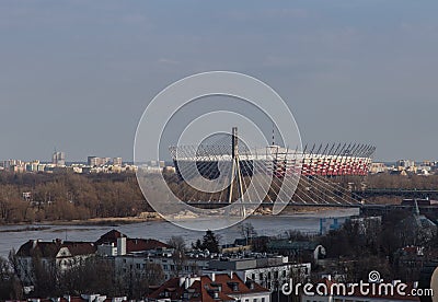 National Stadium in Warsaw and Swietokrzyski bridge Editorial Stock Photo