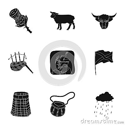 National symbols of Scotland. Scottish attractions. Scotland country icon in set collection on black style vector symbol Vector Illustration