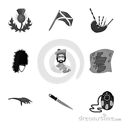 National symbols of Scotland. Scottish attractions. Scotland country icon in set collection on monochrome style vector Vector Illustration