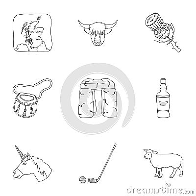 National symbols of Scotland. Scottish attractions. Scotland country icon in set collection on outline style vector Vector Illustration