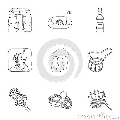 National symbols of Scotland. Scottish attractions. Scotland country icon in set collection on outline style vector Vector Illustration