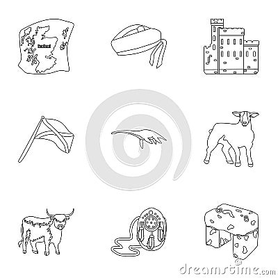 National symbols of Scotland. Scottish attractions. Scotland country icon in set collection on outline style vector Vector Illustration