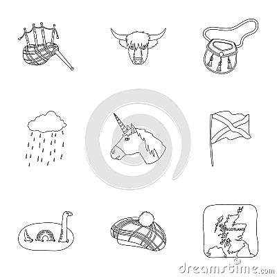 National symbols of Scotland. Scottish attractions. Scotland country icon in set collection on outline style vector Vector Illustration