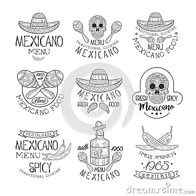 National Traditional Mexican Cuisine Restaurant Hand Drawn Black And White Sign Design Template Collection With Cultural Vector Illustration