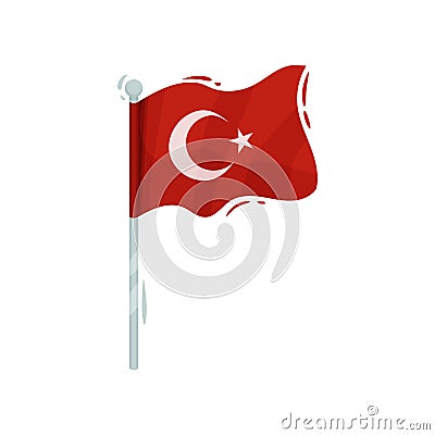 National flag of Turkey on the pole. Vector illustration on white background. Vector Illustration