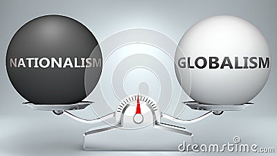 Nationalism and globalism in balance - pictured as a scale and words Nationalism, globalism - to symbolize desired harmony between Cartoon Illustration