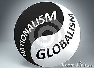 Nationalism and globalism in balance - pictured as words Nationalism, globalism and yin yang symbol, to show harmony between Cartoon Illustration