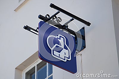 The Nationwide Building Society sign hanging from a branch in the United Kingdom Editorial Stock Photo