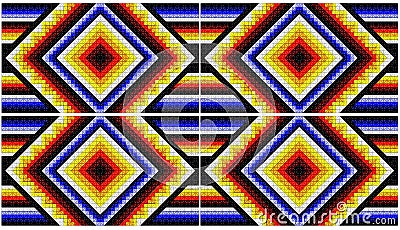 Native American art. Beadwork and woven blanket patterns on a tile wall. Stock Photo