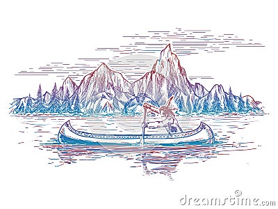 Native american in boat landscape Vector Illustration