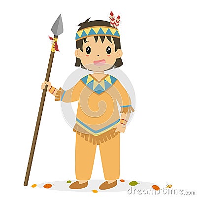 Native American Boy Holding a Hunting Spear Cartoon Vector Vector Illustration