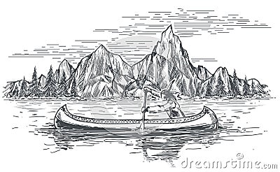 Native american in canoe boat Vector Illustration