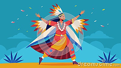 A Native American dancer performs a traditional dance at a powwow connecting with her ancestors through the movements Vector Illustration