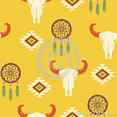 Native American ethnic boho pattern seamless aztec illustration. Wild West with cow skull and dream catcher. Vector Illustration