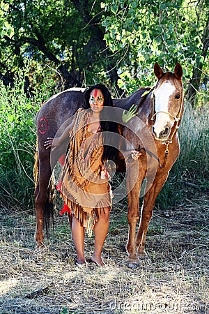 Native American and Her Horse Stock Photo