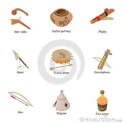 Native american icons set, cartoon style Vector Illustration