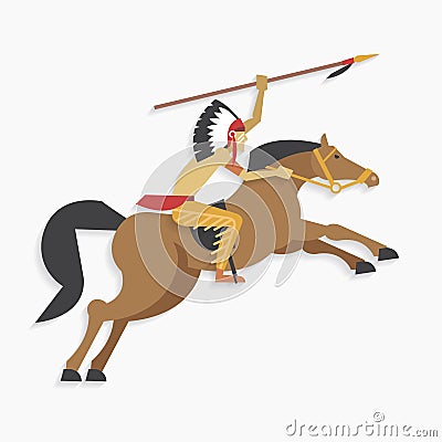 Native american indian chief with spear riding horse Vector Illustration