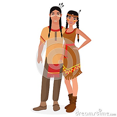 Native American Indian family. American Indians man and woman couple in traditional national clothes. Vector Illustration