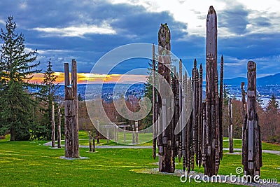 Totem poles in Burnaby Mountain Park Stock Photo