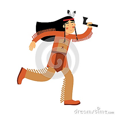 Native american indian girl in traditional costume rinning with tomahawk Illustration Stock Photo