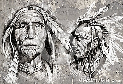 Native american indian head, chiefs, retro style Stock Photo