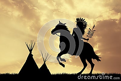 Native American Indian on horseback at sunset Stock Photo