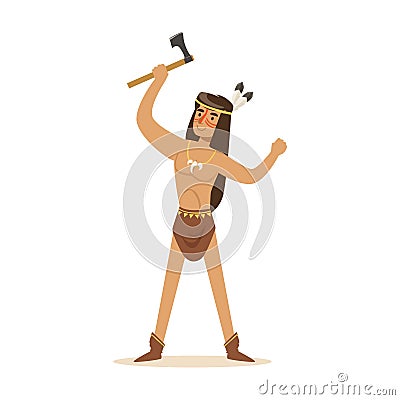 Native american indian in loincloth standing with tomahawk vector Illustration Vector Illustration