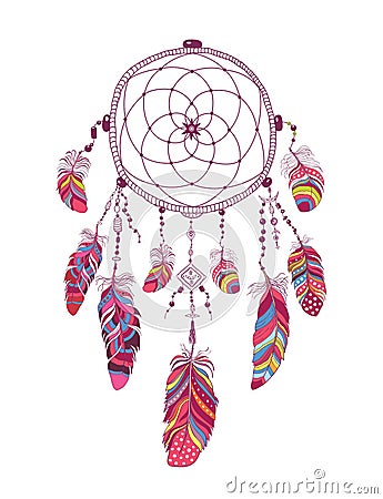 Native American Indian Talisman Dream Catcher with Feathers. Vector Illustration