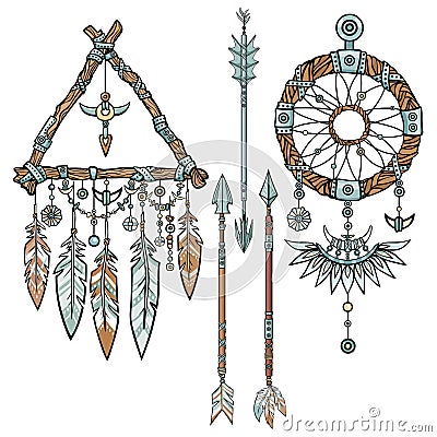 Native American Indian talisman dreamcatcher with feathers. Vector Illustration