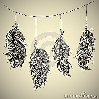 Native American Indian talisman. Vector feathers. Vector Illustration