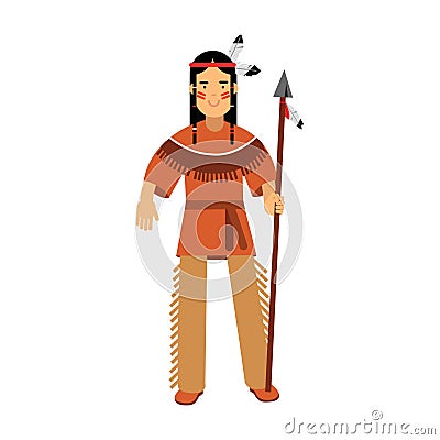 Native american indian in traditional costume standing with spear Illustration Stock Photo