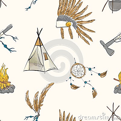 Native american indian warior vintage bohemian pattern. Teepee, warbonnet, indian ax, dream catcher boho sioux tribal print. Vector Illustration