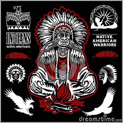 Native american indians, apache tribes set of vector emblems, labels, badges Vector Illustration