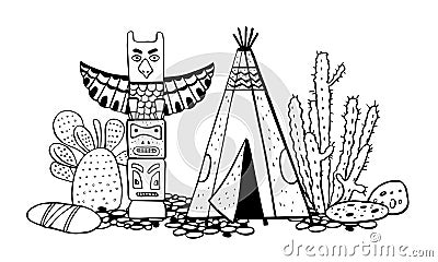 Native American indians traditional settlement. Tipi, totem pole and cactuses. Vector hand drawn sketch illustration Vector Illustration