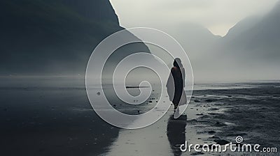 Native American-inspired Art Moody Beachscape With Woman Walking Alone Stock Photo
